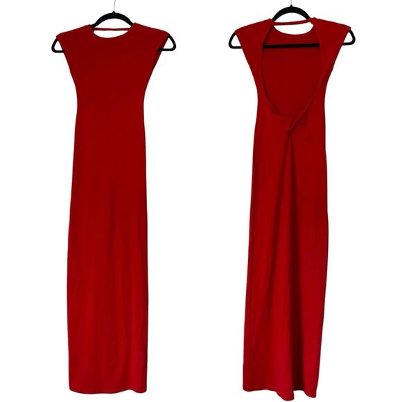 Pull&Bear Maxi Dress XS Red Open Back Fitted Bodycon Stretch Party Sexy Feminine - Picture 1 of 9